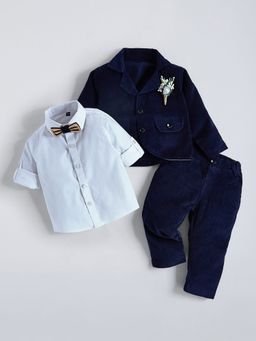 Hopscotch - Navy Blue Textured Cotton Shirt With Pant & Blazer Bow