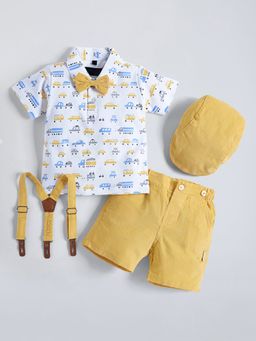 Hopscotch - Yellow Vehicle Cotton Shirt And Short With Suspender Bow Cap