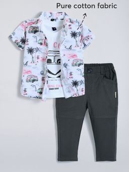 Hopscotch - Pink Tropical Cotton Pant With Shirt & T-Shirt