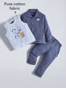 Hopscotch - Teddy Bear Graphic Cotton Pant & T-Shirt With Jacket