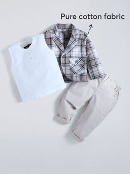 Hopscotch - Brown Checkered Cotton Pant With Jacket & Shirt