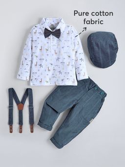 Hopscotch - Green Cotton Pant With T-Shirt & Suspender Bow Cap