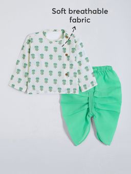 Hopscotch - Cotton Flower Green Angrakha Kurta With Dhoti