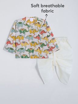 Hopscotch - Cotton Elephant Angrakha Kurta White Dhoti