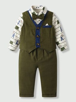 Hopscotch - Striped Printed Shirt With Pant & Waistcoat Bow