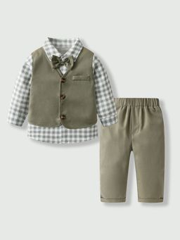Hopscotch - Checkered Shirt With Pant & Bow Waistcoat
