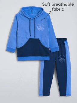 Hopscotch - Blue Colour block Cotton T-Shirt & Pant