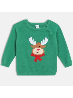 MINI KLUB - Cotton Full Sleeves Reindeer Applique Sweater - Green