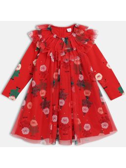 MINI KLUB - Cotton Full Sleeves Santa Claus Printed Dress - Red