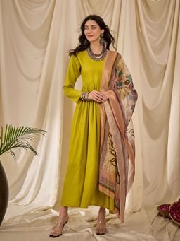 InWeave - Lemon Yellow Sweetheart Dress with Dupatta (Set of 2)