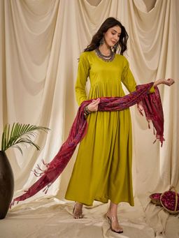 InWeave - Lemon Yellow Sweetheart Dress with Dupatta (Set of 2)