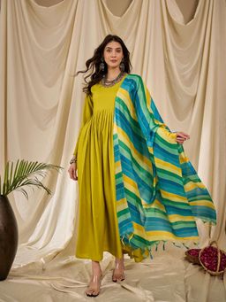 InWeave - Lemon Yellow Sweetheart Dress with Dupatta (Set of 2)