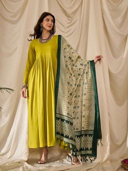 InWeave - Lemon Yellow Sweetheart Dress with Dupatta (Set of 2)