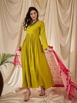 InWeave - Lemon Yellow Sweetheart Dress with Dupatta (Set of 2)