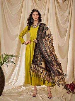 InWeave - Lemon Yellow Sweetheart Dress with Dupatta (Set of 2)