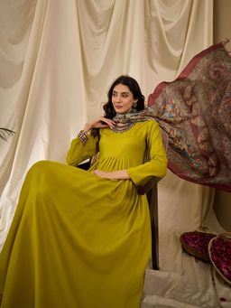 InWeave - Lemon Yellow Sweetheart Dress with Dupatta (Set of 2)