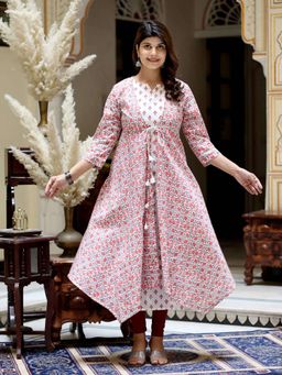 Doriyaan - Women Gorgeous Floral Printed Cotton Long Kurta with Jacket (Set of 2)