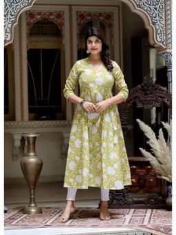 Doriyaan - Women Floral Print Cotton Yellow Side Dori Tassel Anarkali Kurta