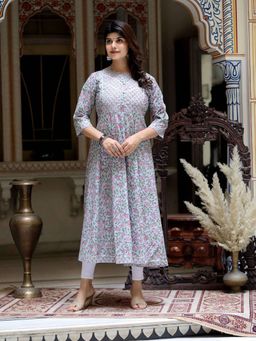 Doriyaan - Women Blue Floral Printed and Gota Lace Cotton Anarkali Kurta