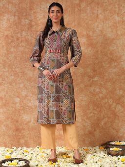 Meeranshi - Wine Patch Printed Embroidered Straight Kurta