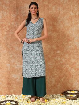 Meeranshi - Bottle Green Ethnic Printed Sleeveless Kurta