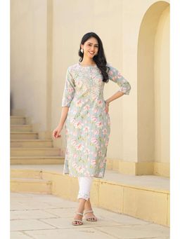 Juniper - Blue Floral Printed Cotton with Thread Work and Buttons Kurta