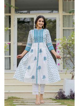 Juniper - White Floral Printed Cotton with Buttons Kurta