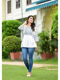 Juniper - White Ethnic Motif Printed Viscose with Sequins and Thread Work Tunic