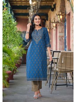 Juniper - Blue Ethnic Motif Printed Cotton Kurta