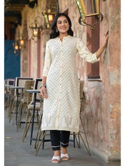 Juniper - Ivory Ethnic Motif Printed Viscose with Button Closure Kurta