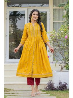Juniper - Mustard Floral Printed Cotton with Thread Work and Lace Kurta