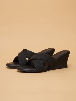 ERIDANI - Joliee Cross-Straps Woven Black Wedge Heels