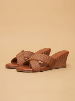 ERIDANI - Joliee Cross-Straps Woven Tan Wedge Heels