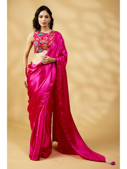 HANDME - Pink Gulabi Satin Glow Saree with Handcrafted Tassels with Unstitched Blouse