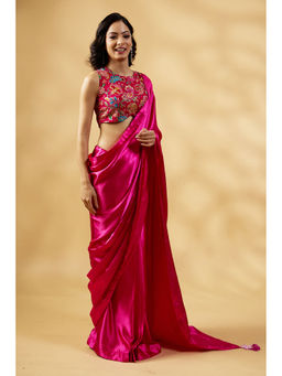 HANDME - Pink Pre-Draped Gulabi Satin Glow Saree with Handcrafted Tassels with Unstitched Blouse