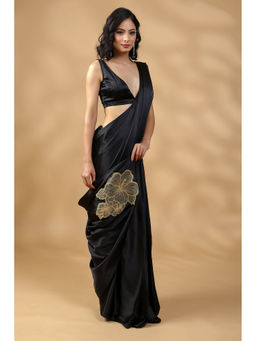 HANDME - Pre-Draped Black Beauty Embroidered Saree with Unstitched Blouse