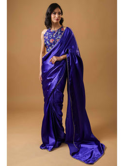 HANDME - Striking Blue Gold Embellished Satin Saree with Unstitched Blouse