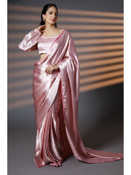 HANDME - Pink Pre-Draped Regal Beauty Lace Embellished Premium Satin Saree with Unstitched Blouse