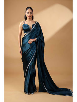 HANDME - Teal Twilight Glow Embroidered Premium Satin Saree with Unstitched Blouse