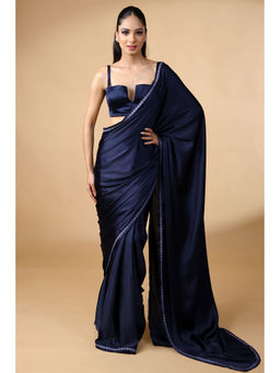 HANDME - Navy Blue Pre-Draped Princess Lace Embellished Luxe Satin Saree with Unstitched Blouse