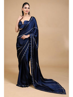 HANDME - Navy Blue Royal Emerald Gold Embellished Satin Saree with Unstitched Blouse