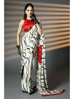 HANDME - Pre-Draped Black and Scarlet Bloom Satin Saree with Unstitched Blouse