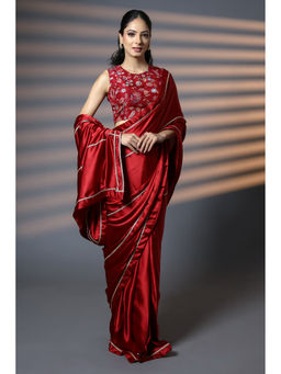 HANDME - Luxe Red and Gold Embellished Premium Luxe Satin Saree with Unstitched Blouse