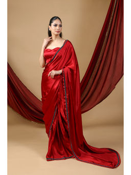 HANDME - Pre-Draped Red Royale Premium Satin Saree with Black Embroidery & Unstitched Blouse