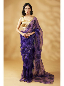 HANDME - Sunehri Saaj Purple Organza Saree with Golden Detailing & Unstitched Blouse