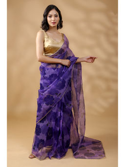 HANDME - Pre-Draped Sunehri Saaj Purple Organza Saree with Golden Detailing & Unstitched Blouse