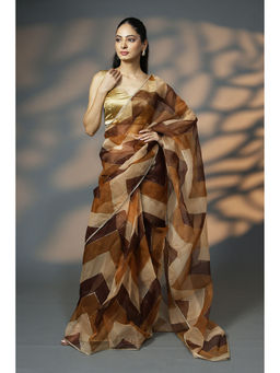 HANDME - Brown Pre-Draped Chandni Bagh Organza Saree with Golden Detailing & Unstitched Blouse