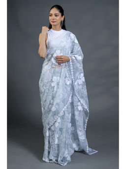 HANDME - White Pre-Draped Urban Muse Premium Embroidered Organza Saree with Unstitched Blouse
