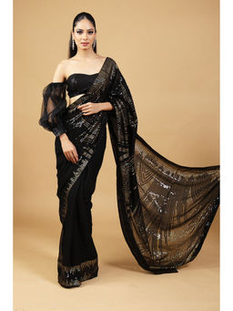 HANDME - Pre-Draped Midnight Sparkle Black and Gold Sequin Party Saree with Unstitched Blouse