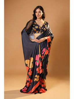 HANDME - Multi-Color Silken Bloom Floral Printed Premium Satin Saree with Unstitched Blouse